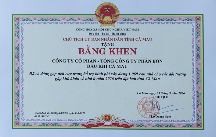 Phân Bón Cà Mau nhận Bằng khen của Chủ tịch UBND tỉnh Cà Mau